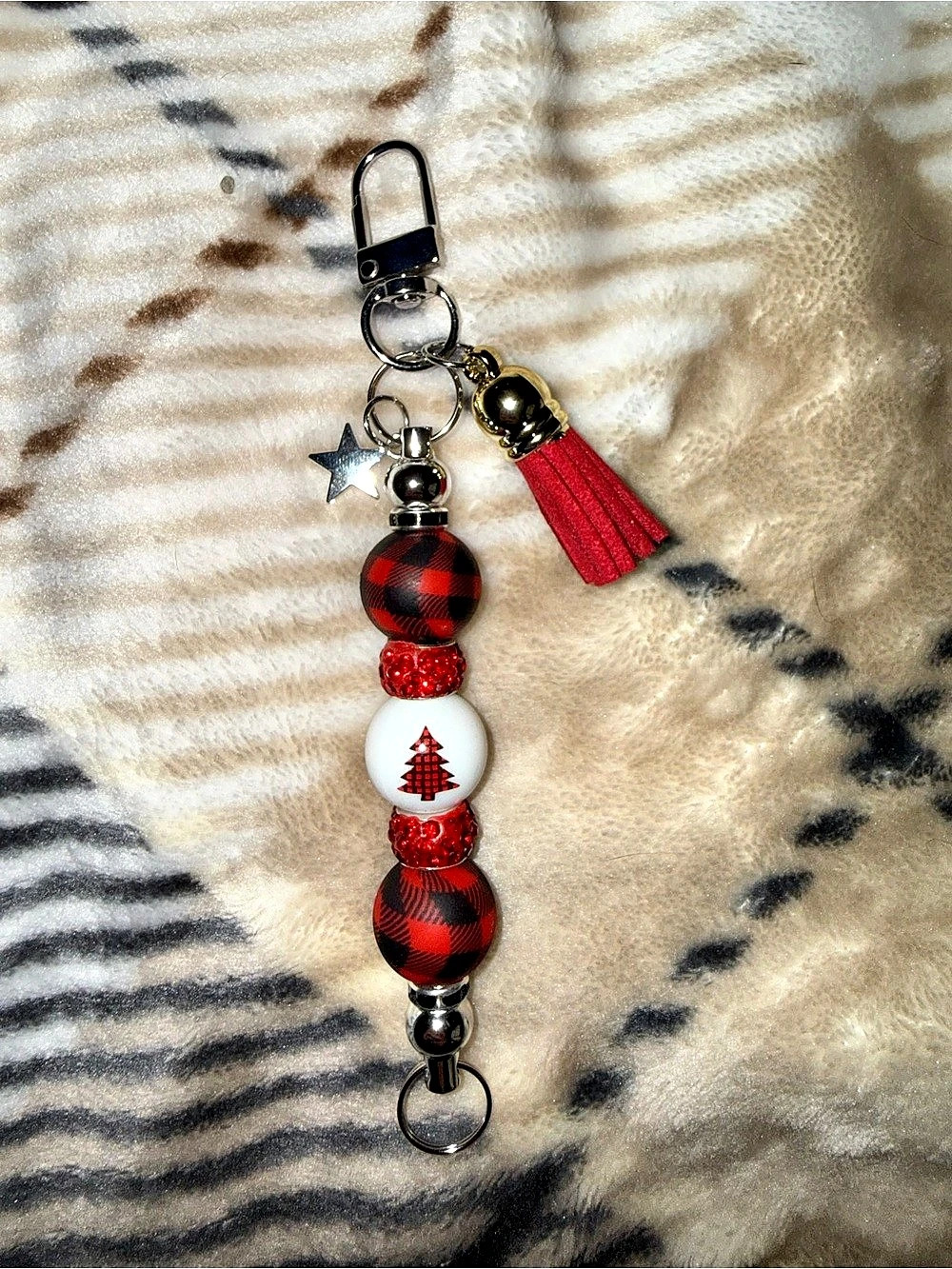 Red & Black Plaid Beaded Keychain